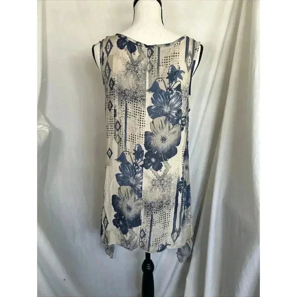 Lagenlook Bella Amore Italy Tunic Top Blue Beige Floral Hankie Hem Layering Sz S - Picture 3 of 10